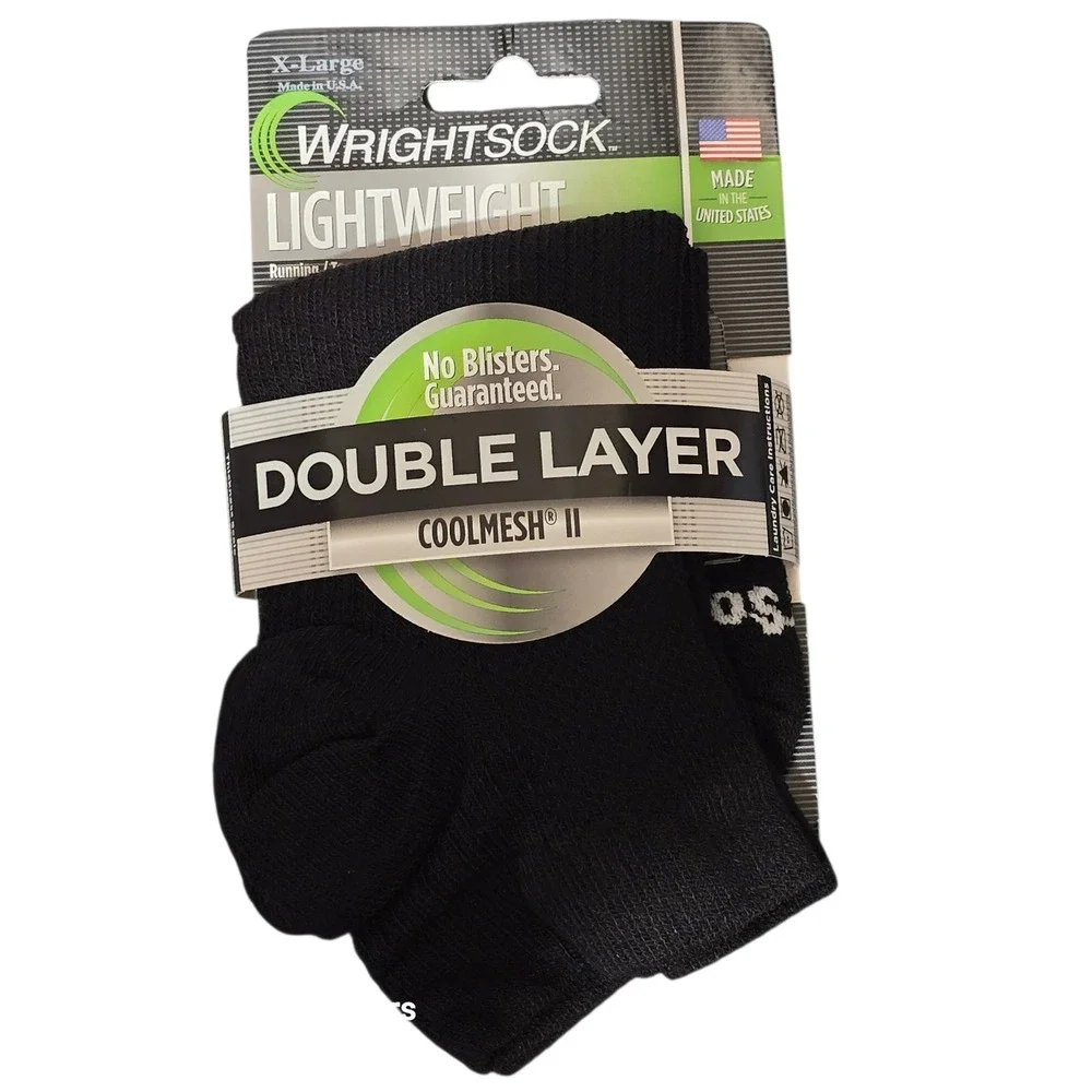 Wrightsock Coolmesh II Lo Quarter Black‎ Double Layer Running Socks Mens XL NEW